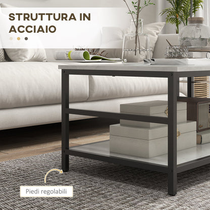 2-Tier Coffee Tables Set in Chipboard and Steel with Marble Effect Top, Black and White