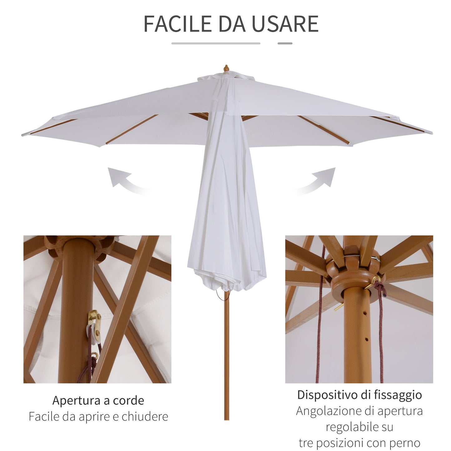 3x2.5 m Garden Umbrella with 8-Ribbed Wooden Pole, Made of Bamboo, Wood and Polyester, White