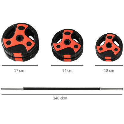 Barbell and Disc Set 20kg Total with Non-Slip PU Handle, Ø17x140 cm, Black and Red