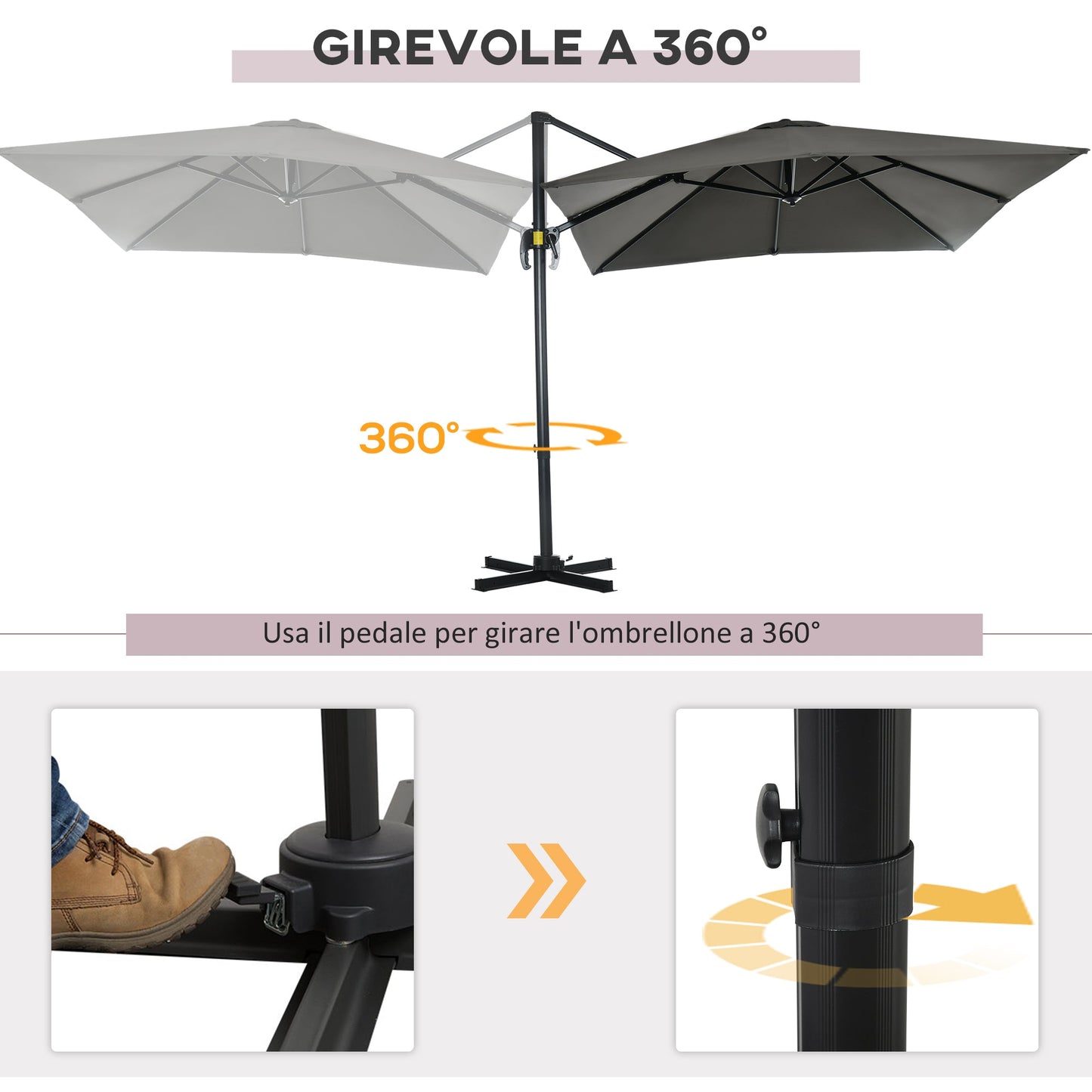 Garden Umbrella with 5-Level Adjustable Angle and 360° Rotation, 2.5x2.5 m, Grey