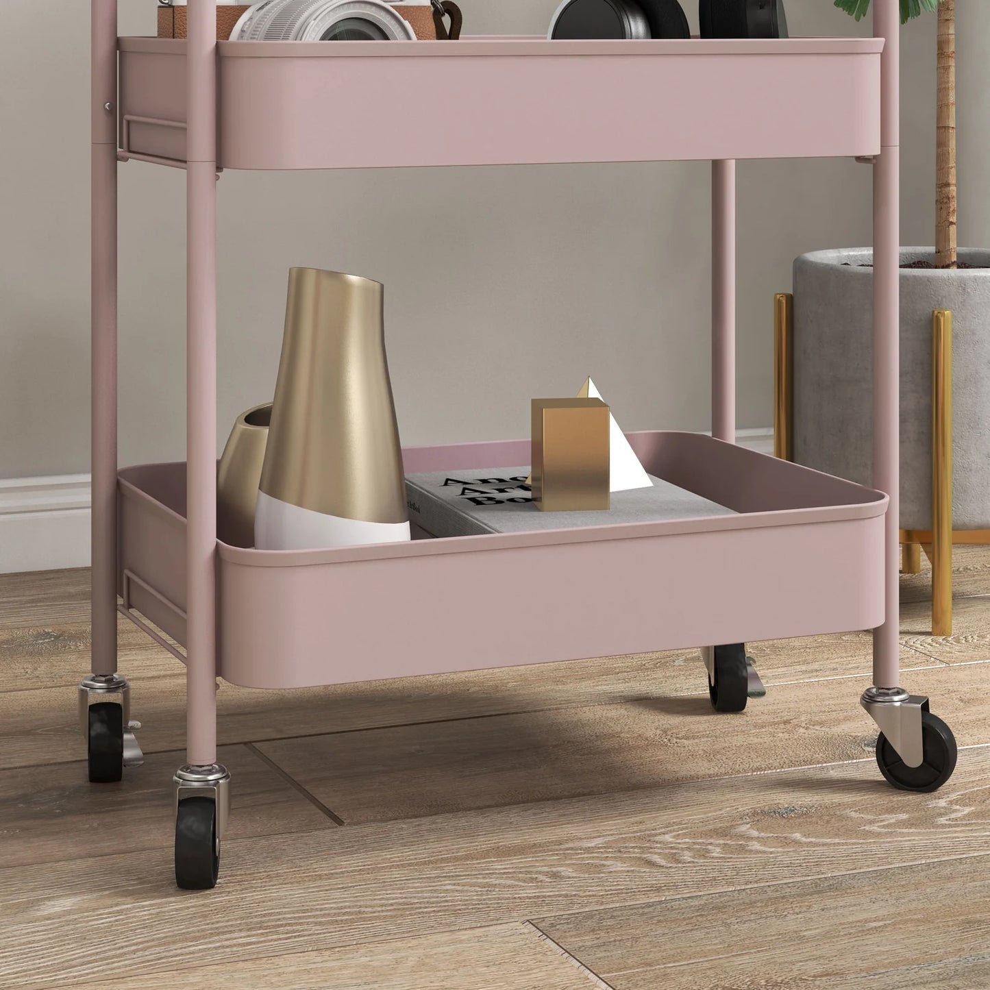 3‑Tier Pink Steel Beauty Trolley with Wheels