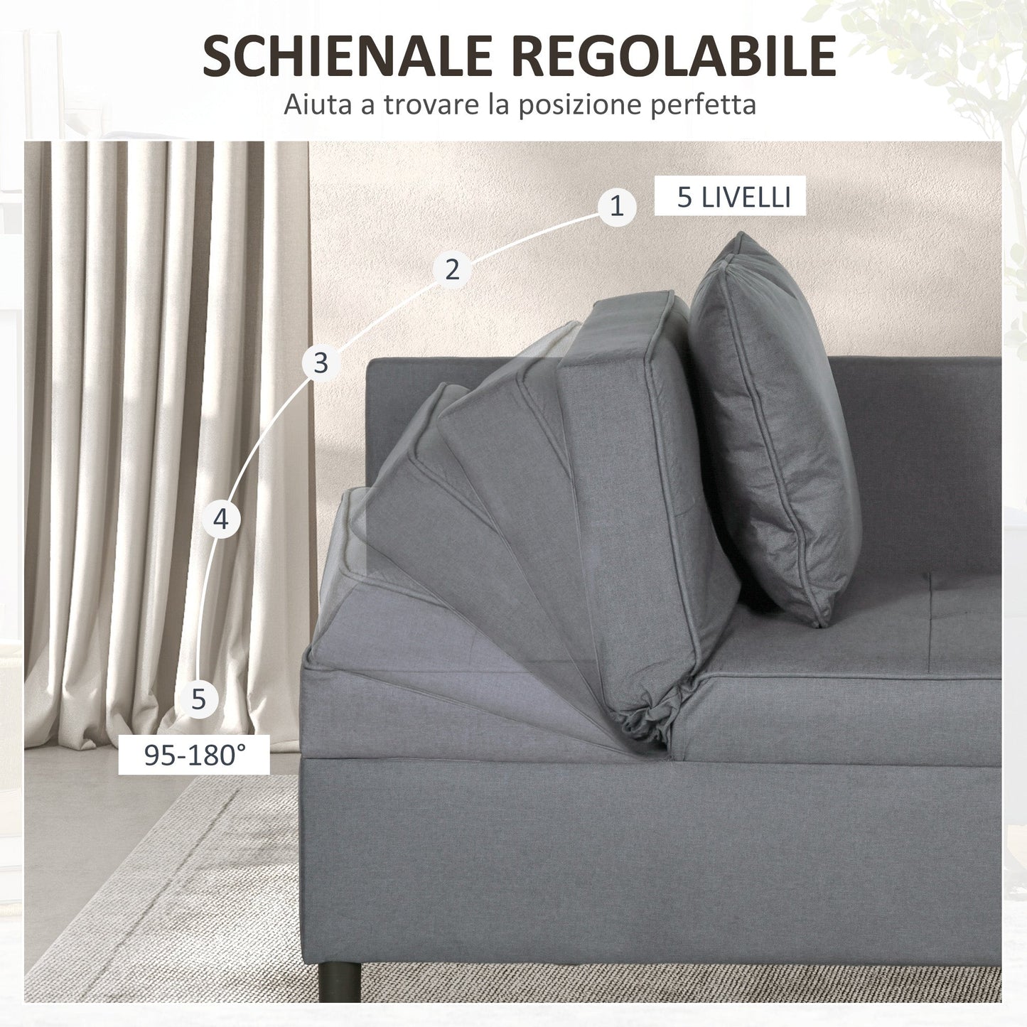 3 in 1 Reclining Armchair Bed in Linen and Wood Effect Fabric, 98x69x65 cm, Dark Grey