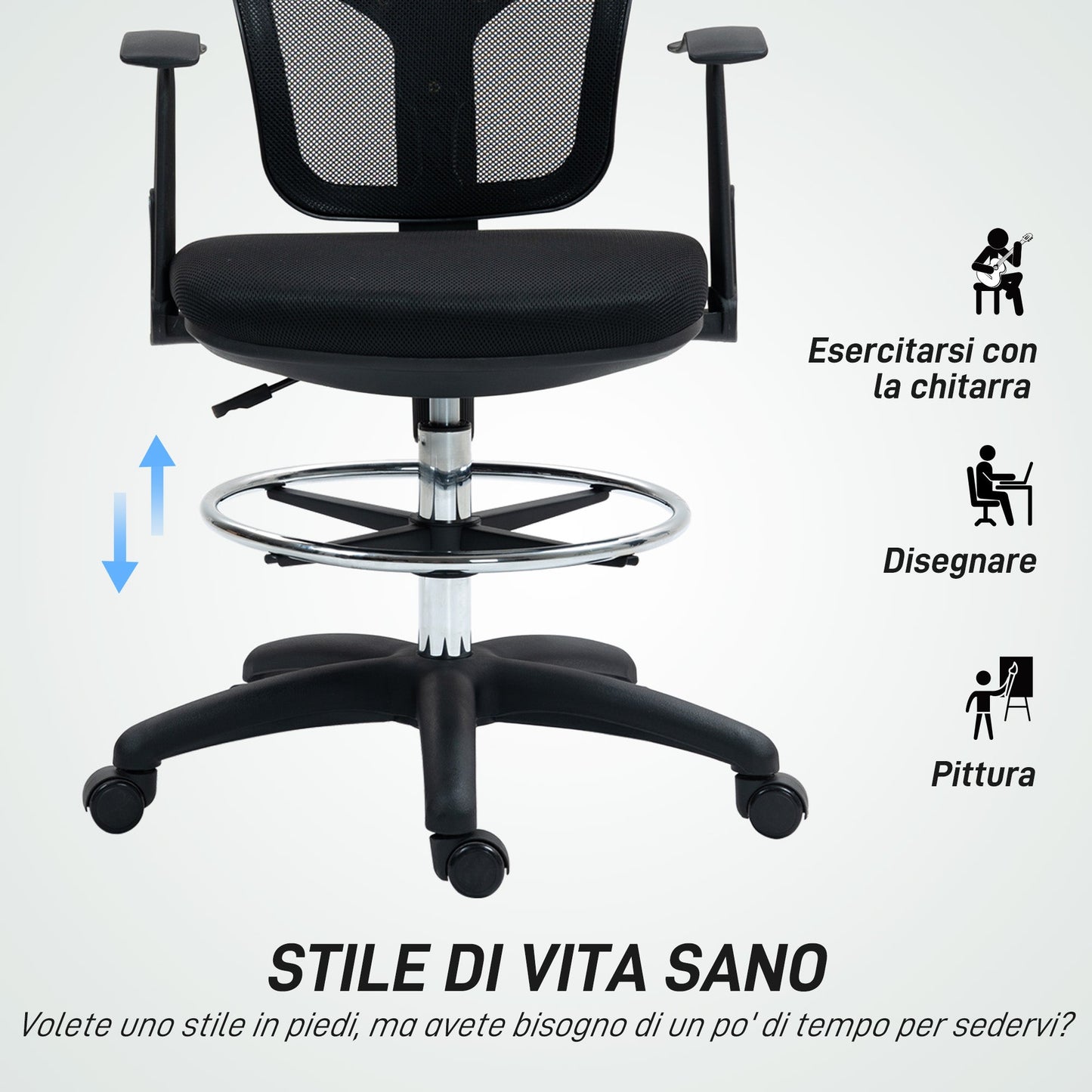 Swivel Chair with Footrest Ring and Curved Backrest, in Polyester, Foam and Plastic, 55x58x94 cm, Black