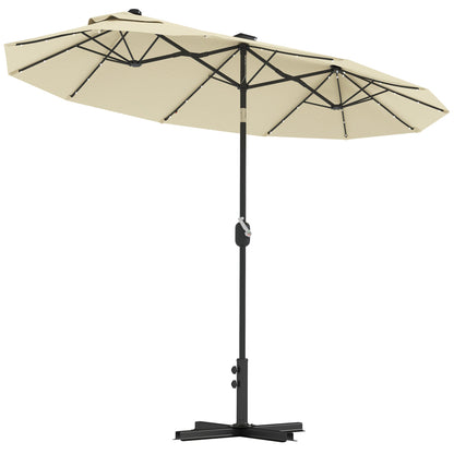 Double Parasol with LED Lights and Cross Base, in Polyester and Steel, 295x150x219 cm, Cream White