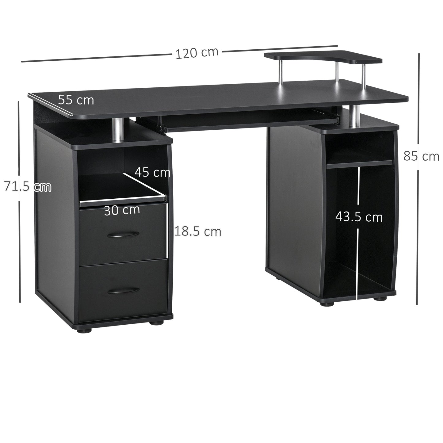 Wooden desk with drawers, removable shelf and raised black shelf