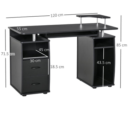 Wooden desk with drawers, removable shelf and raised black shelf