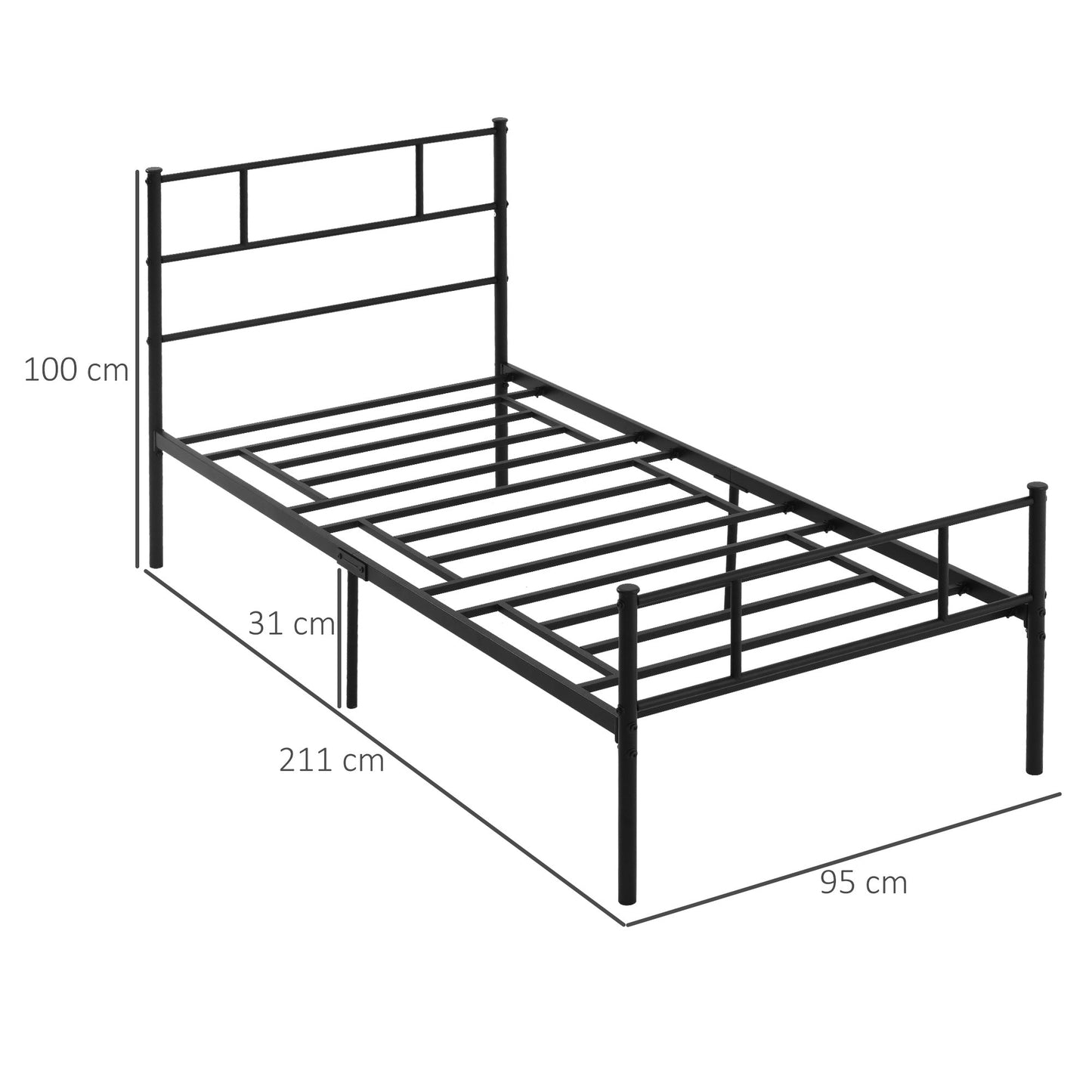 Single Steel Bed Frame 90x200cm with Slats, Headboard and Footboard, Black