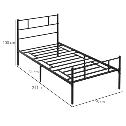 Single Steel Bed Frame 90x200cm with Slats, Headboard and Footboard, Black