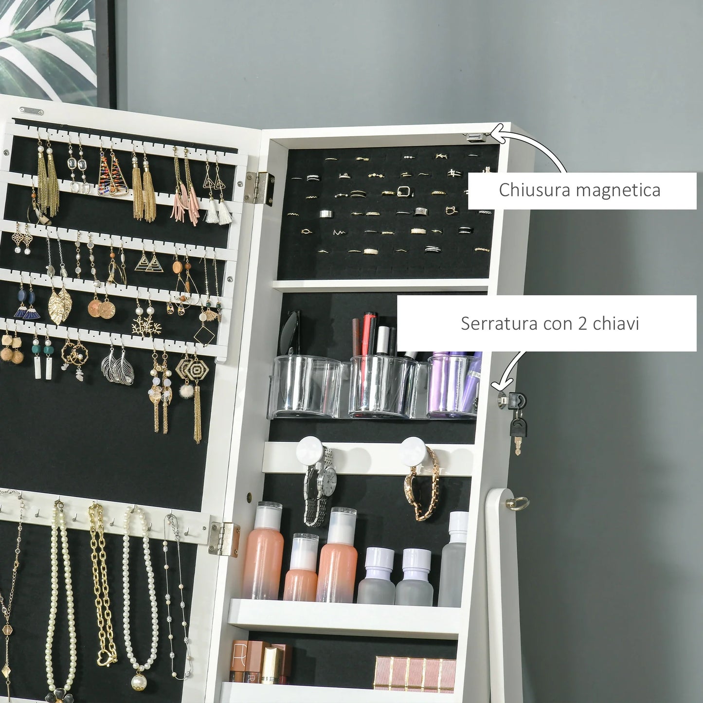 Freestanding Jewelry Mirror with LED Light, Adjustable Tilt and Lock, 46x36.5x151.5cm