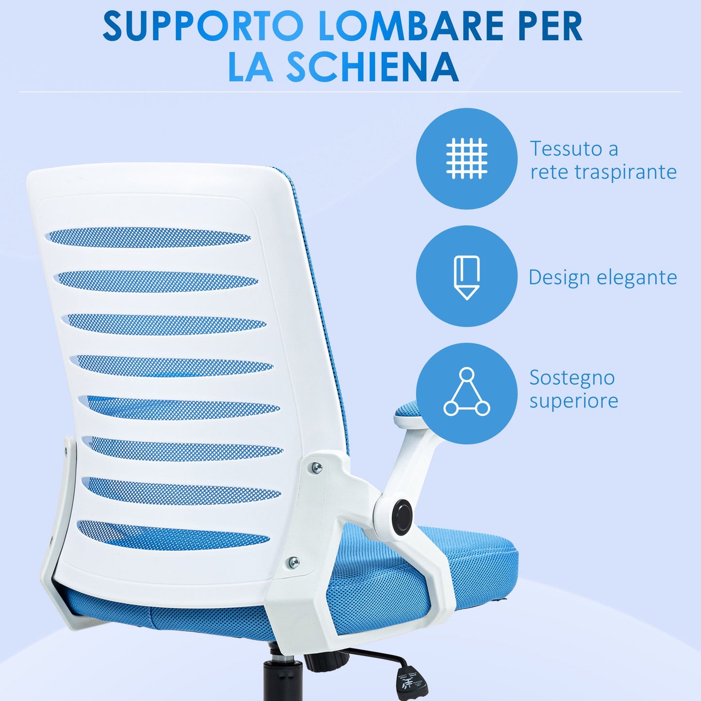 Ergonomic Swivel Chair with Adjustable Height and Armrests, 54x54x89-99 cm, White and Blue