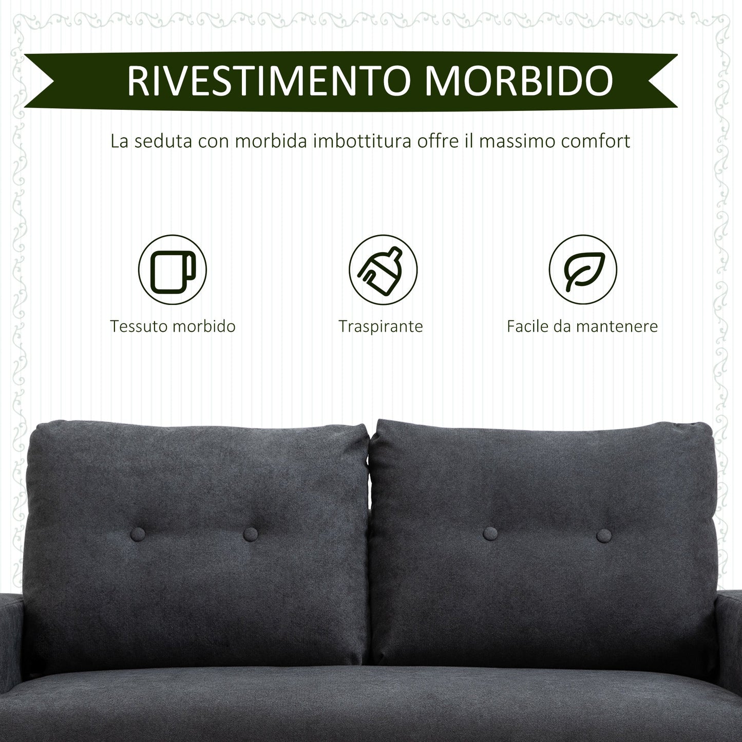 Nordic Style Modern 2-Seater Sofa with Quilted Fabric Backrest, 145x76x88 cm, Grey