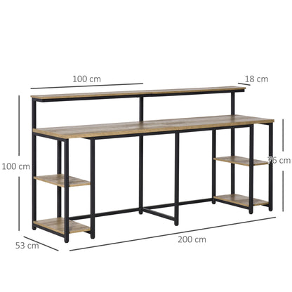 Industrial Style Double Desk with Shelves and Monitor Shelf, Space-Saving Bookshelf Desk for Office and Study in Metal and MDF, 200x53x100cm, Black Brown