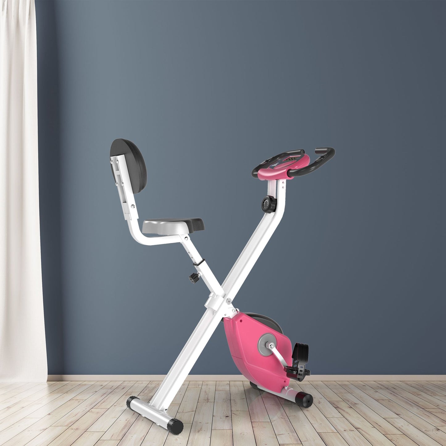 Folding Exercise Bike with 5 Adjustable Positions and 8 Levels of Magnetic Resistance, X-Shaped Structure, 43x97x109cm, Pink and White