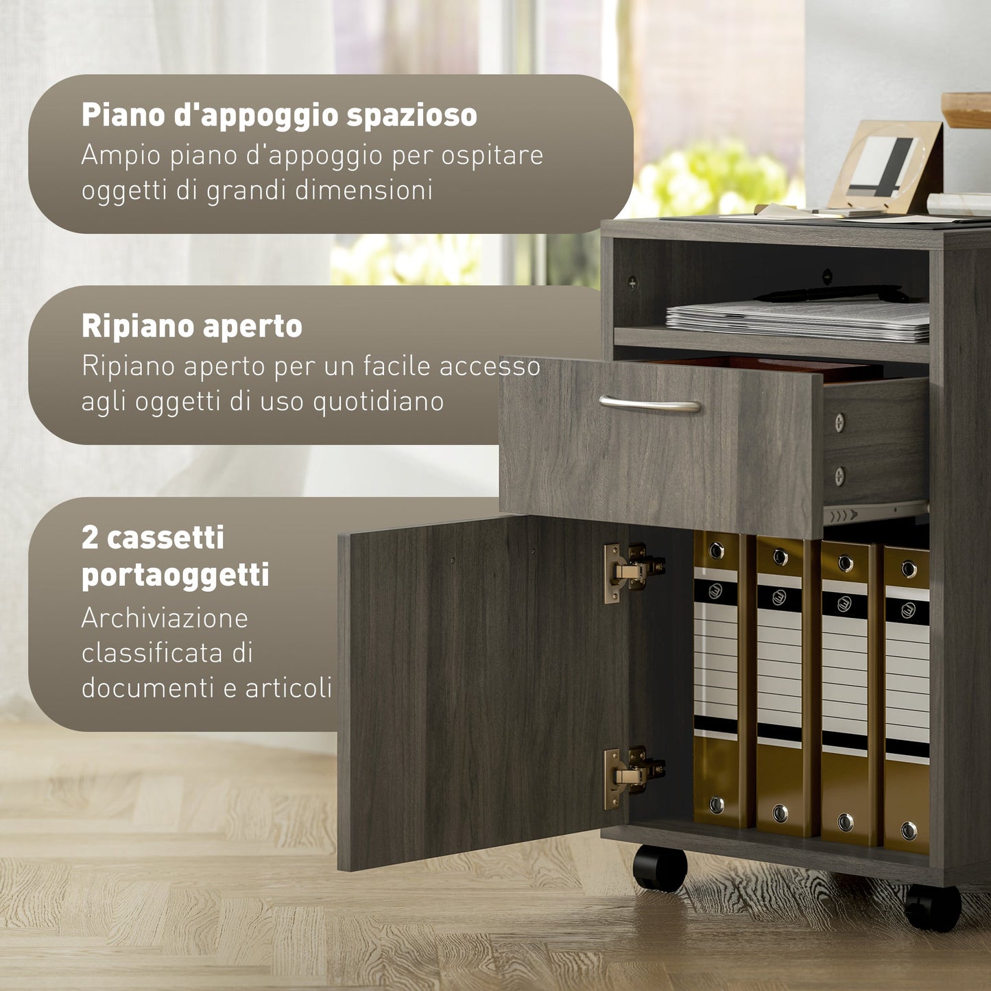 4-Wheel File Cabinet with Open Shelf and Drawers, Wood and Metal, 40x35x60 cm, Grey