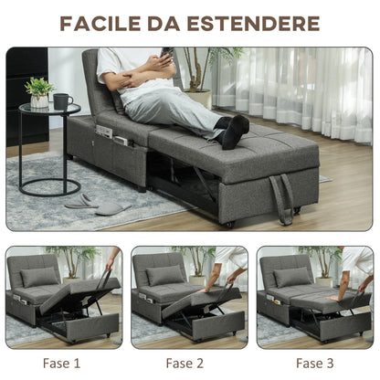 4 in 1 Sofa Bed Convertible into Chaise Longue and Footstool with Click Clack System, Grey