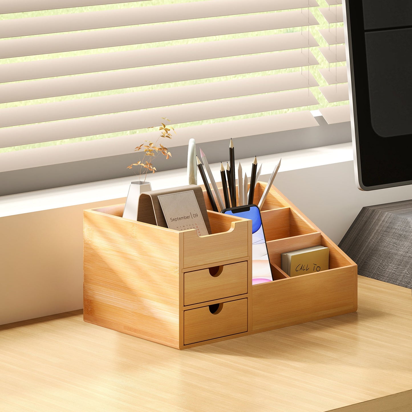 Bamboo Desk Organizer with 2 Drawers and 7 Compartments, 33x20.5x15.5 cm