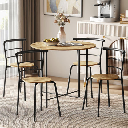 Round Dining Table Set with 4 Space-Saving Chairs in Wood and Metal, Industrial Style