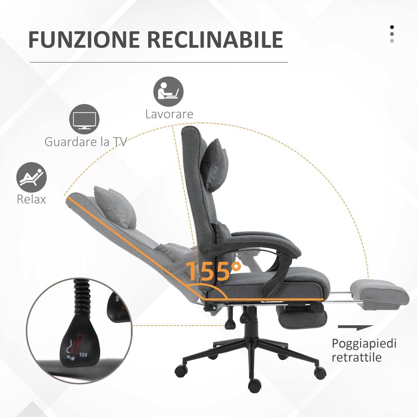 Ergonomic office chair with adjustable height with armrests and footrests, 66x70x115-123 cm, Grey