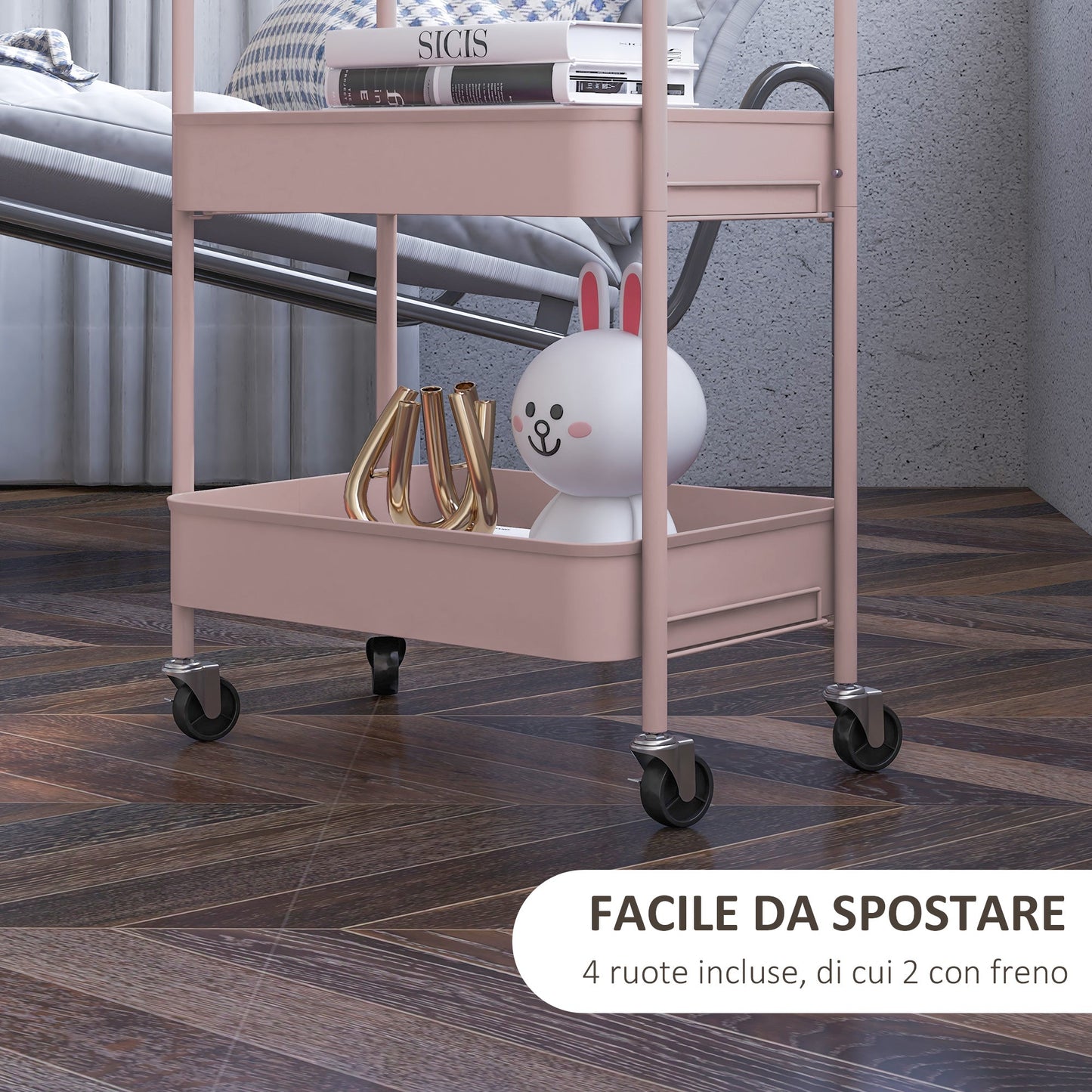 3-Tier Beauty Cart with Handles and 4 Wheels, Steel, 45x30.6x79 cm, Pink