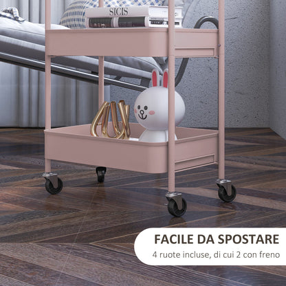 3-Tier Beauty Cart with Handles and 4 Wheels, Steel, 45x30.6x79 cm, Pink