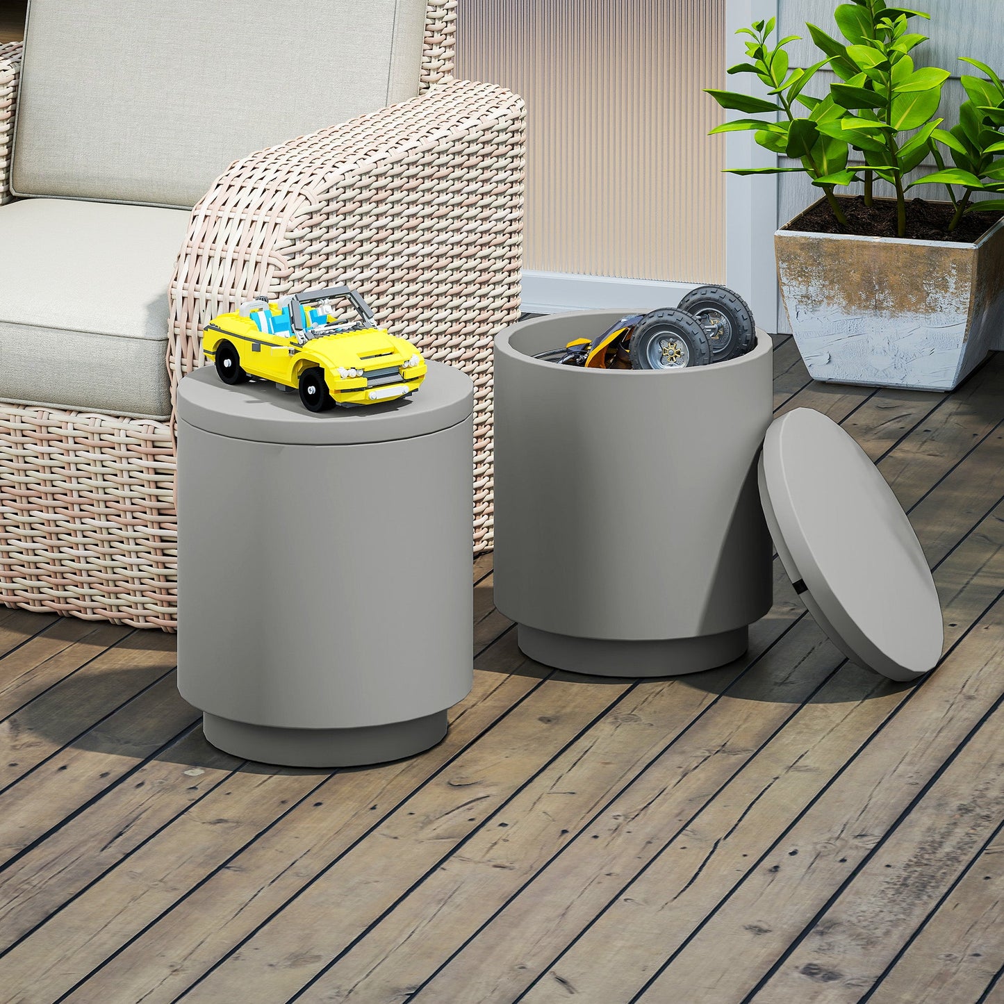 Multipurpose Coffee Table with Ice Bucket and Lid, in Concrete and Stainless Steel, Ø37.5x43.5 cm, Light Grey
