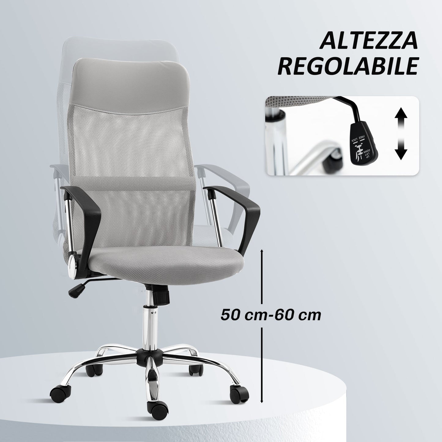 Ergonomic Swivel Office Chair, Height-Adjustable and Mesh Backrest, 63x65x109-119 cm, Light Grey