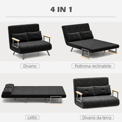 3 in 1 Velvet Fabric Sofa Bed with Adjustable Backrest and 2 Cushions, 102x73x81 cm, Black