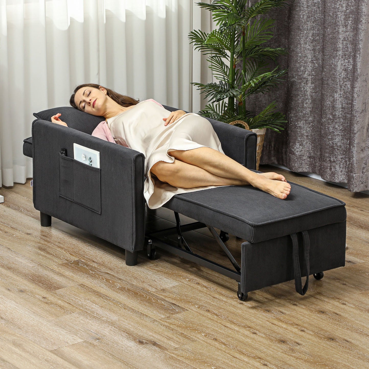 Reclining Armchair Bed with Side Pockets, in Velvet Effect Fabric, 74x84x81 cm, Dark Gray