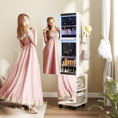Jewelry Armoire with 360° Swivel Mirror, Adjustable LED Light, Lock and Shelves, 37x40x165.5 cm, Black
