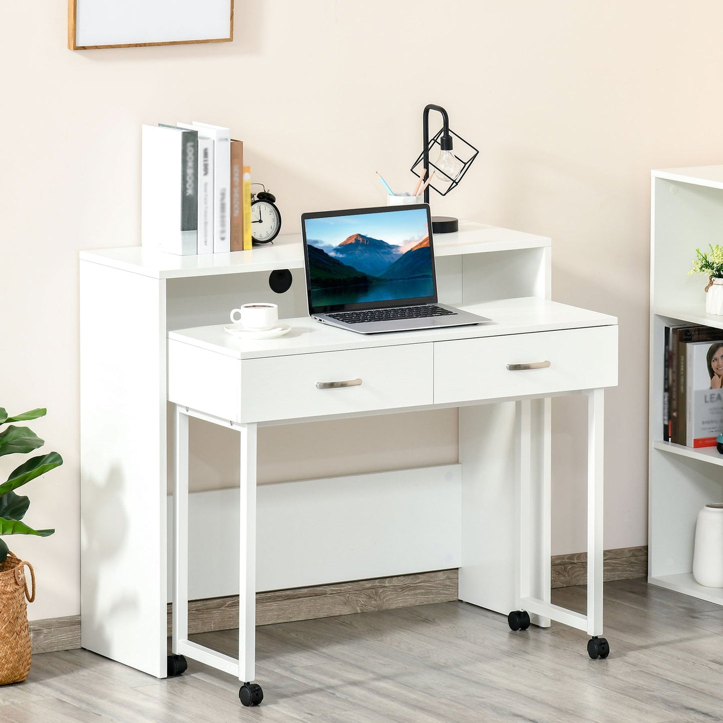 Space-Saving Desk Table for Bedroom and Office, Writing Desk with Drawers and Wheels, Double or Single Workstation, 100x36x88cm, White