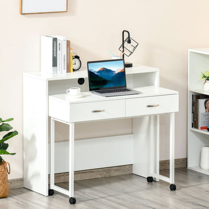 Space-Saving Desk Table for Bedroom and Office, Writing Desk with Drawers and Wheels, Double or Single Workstation, 100x36x88cm, White