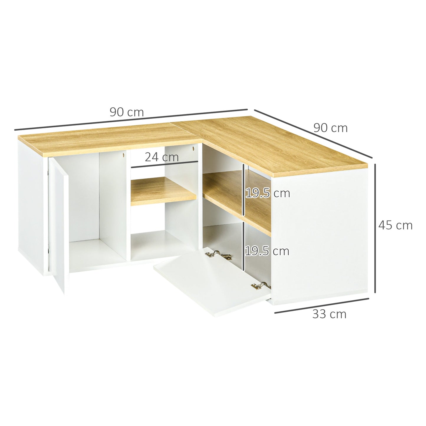 L-Shaped TV Cabinet for 40" TV with 3 Open Shelves and 2 Cabinets, Chipboard, 90x90x45 cm