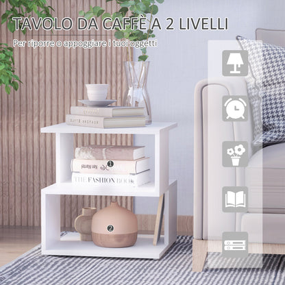 Tavolino Living Room Modern Design 2 Shelves Modern Design, White Wood, 40x40x43cm