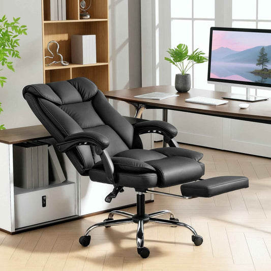155° Reclining Office Chair with Footrest, Double Padding and Faux Leather Upholstery, Black