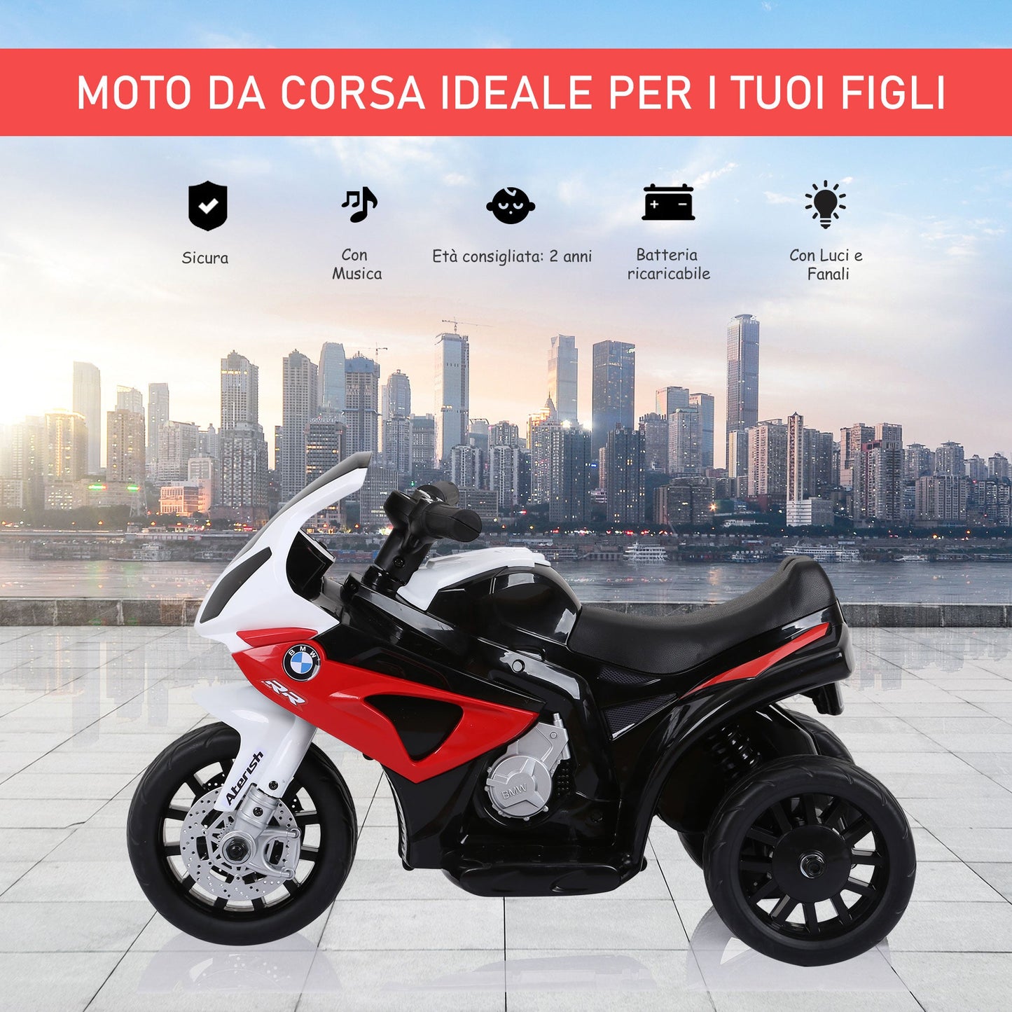 electric motorcycle for children max. 20kg with bmw license, 3 wheels, 6V rechargeable battery, red white, 66x37x44cm
