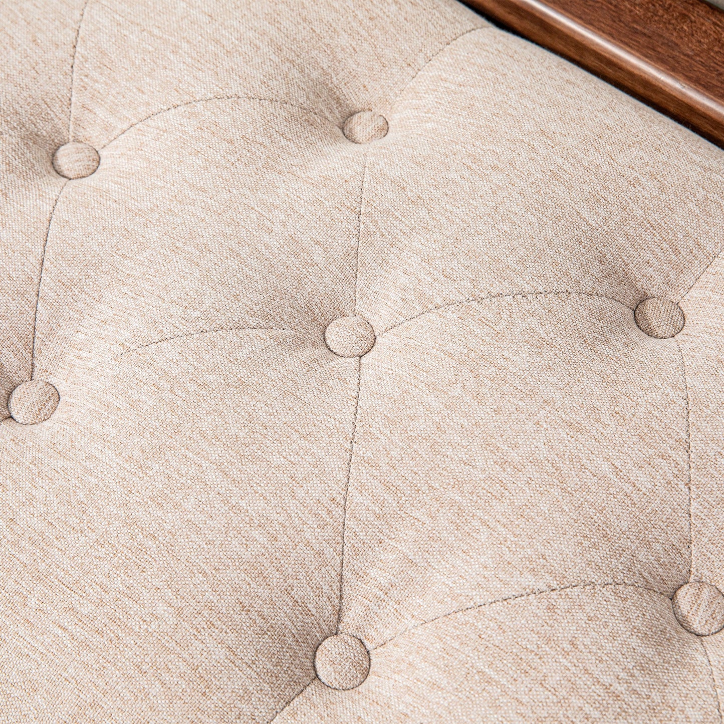 Padded and Buttoned Bed End Bench, in Linen and Wood Effect Fabric, 141x44x65 cm, Beige