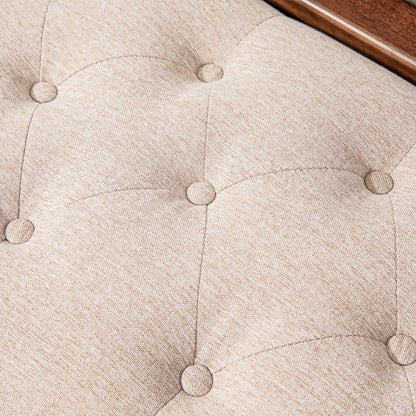 Padded and Buttoned Bed End Bench, in Linen and Wood Effect Fabric, 141x44x65 cm, Beige