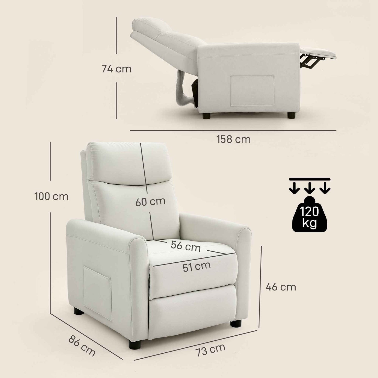 Reclining Chair 135° max in Linen Effect Fabric, Foam, Steel and Wood, 73x86x100 cm, Cream White