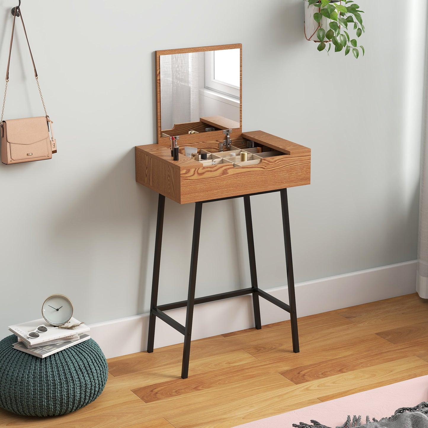 Industrial Style Vanity Table with Folding Mirror and 16 Compartments, Wood and Steel, 60x40x90 cm
