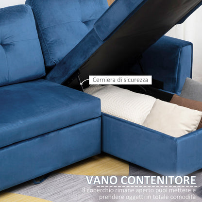 ALEA | 3 Seater Velvet Effect Corner Sofa Bed and Chaise with Storage, 232x141x85cm, Blue