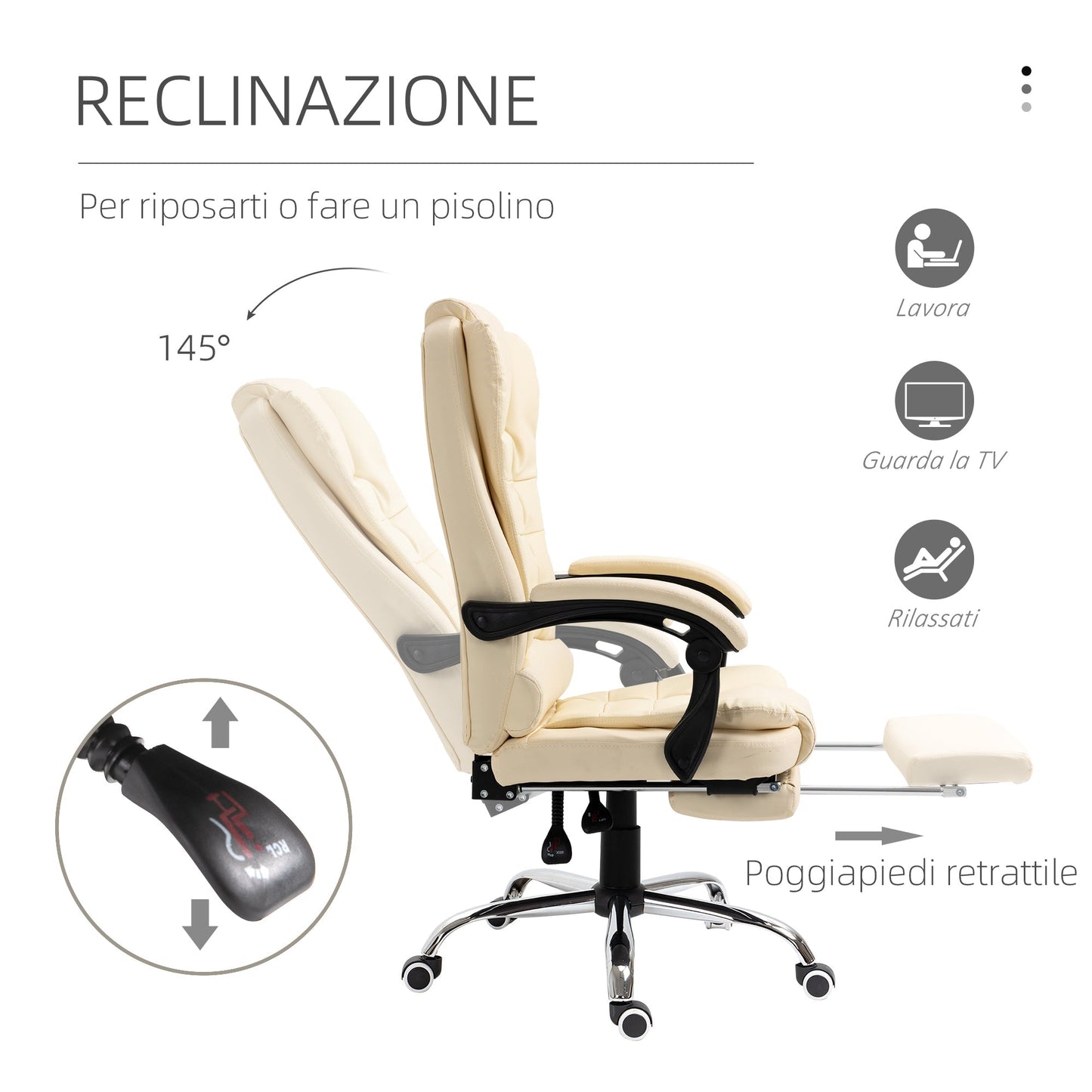 White Faux Leather Presidential Chair with 145° Reclining Backrest and Footrest, 64.5x69x109-117 cm