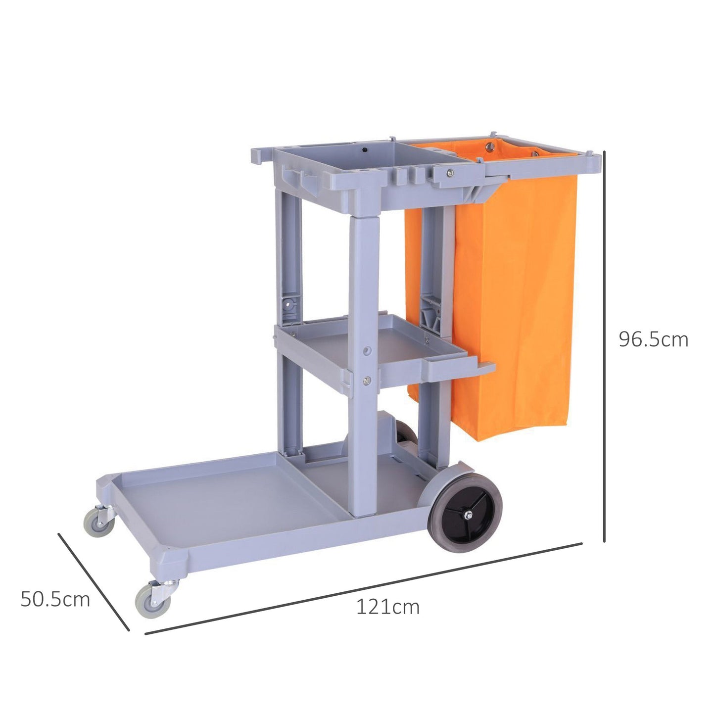 Professional Cleaning Trolley with 3 Shelves, Broom Hooks, 4 Wheels and 100L Bag, Orange 121 x 50.5 x 96.5cm
