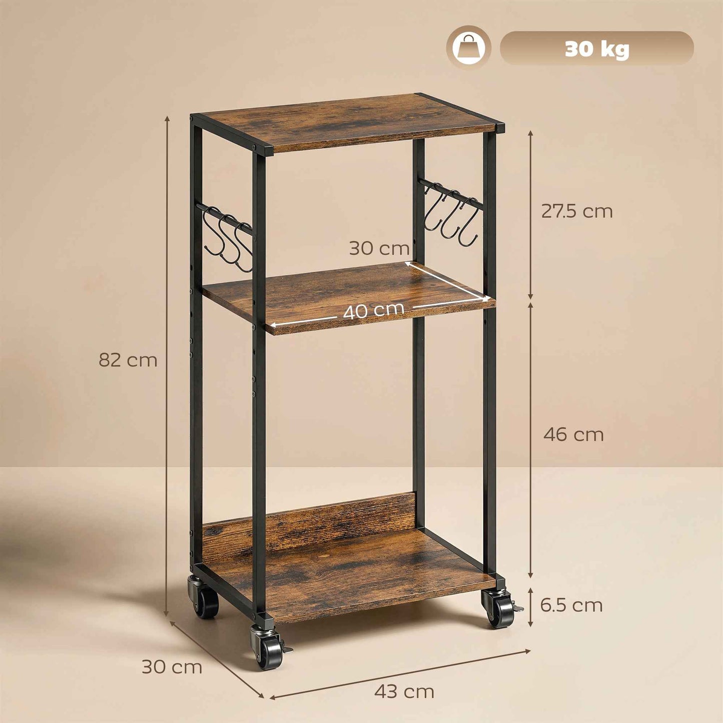 HOMCOM Industrial Printer Table 3 Tier, Wheels and Hooks, Rustic Brown.