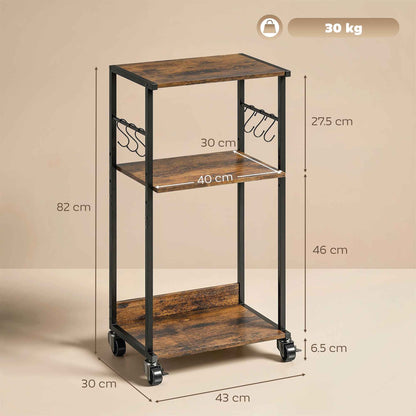 HOMCOM Industrial Printer Table 3 Tier, Wheels and Hooks, Rustic Brown.