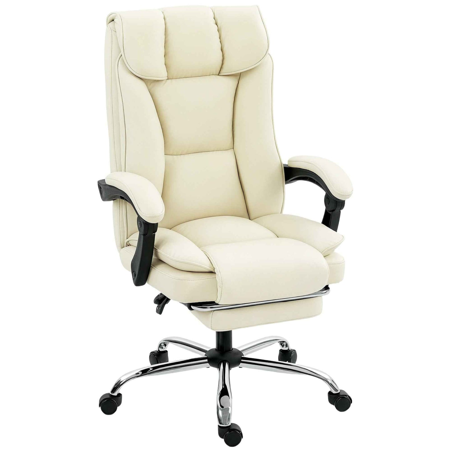 155° Reclining Office Chair with Footrest, Double Padding and Faux Leather Upholstery, Beige