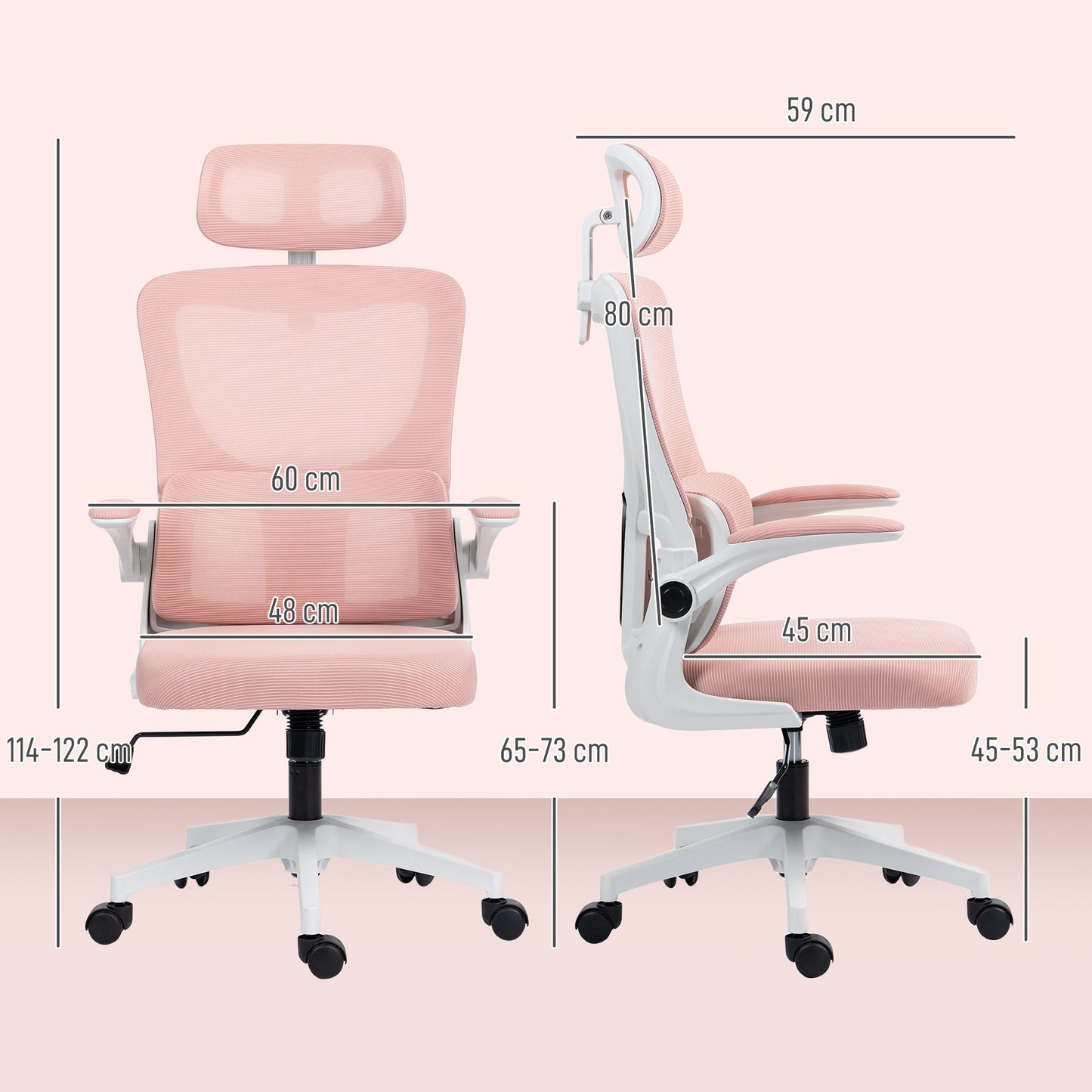 Adjustable and Reclining Office Chair with Removable Headrest, Mesh Fabric, 60x59x114-122 cm, Pink