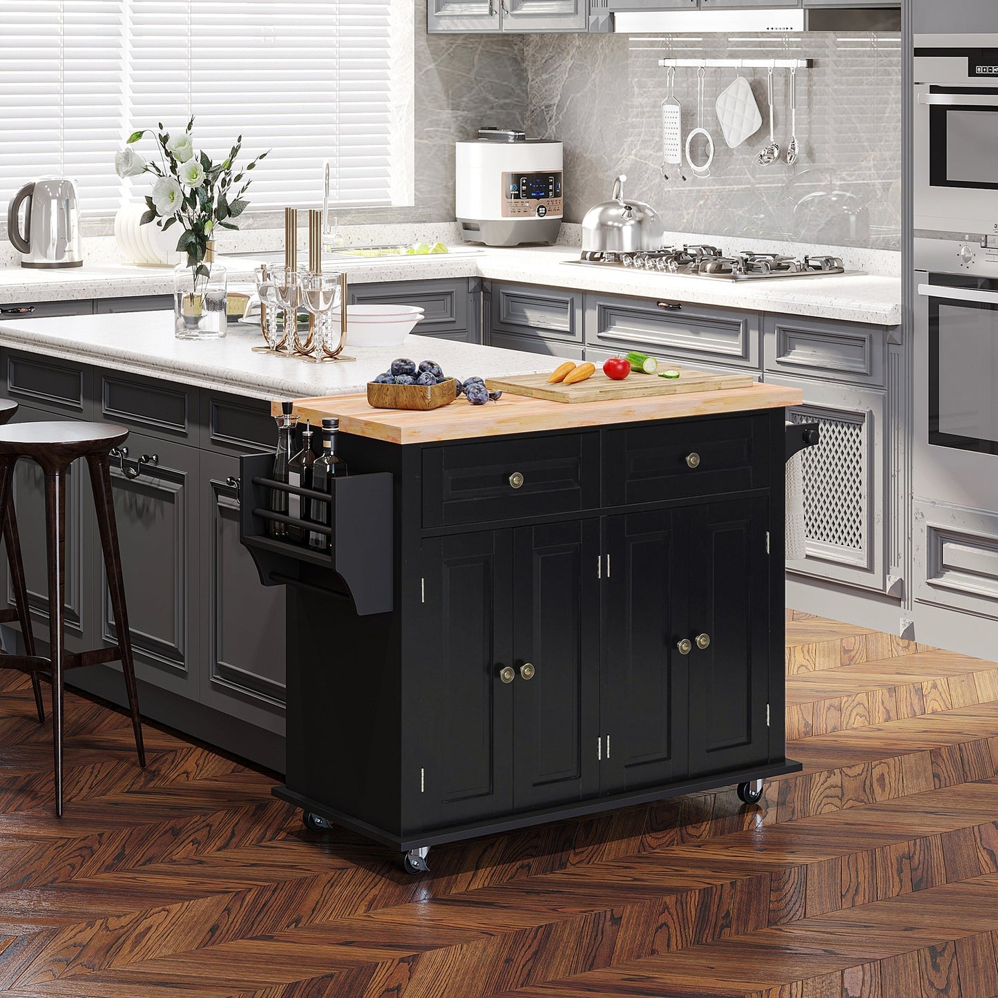 Kitchen Trolley with Drawers, Cabinets and Spice Rack, Made of Wood and MDF, 111x44.5x82.5 cm, Black
