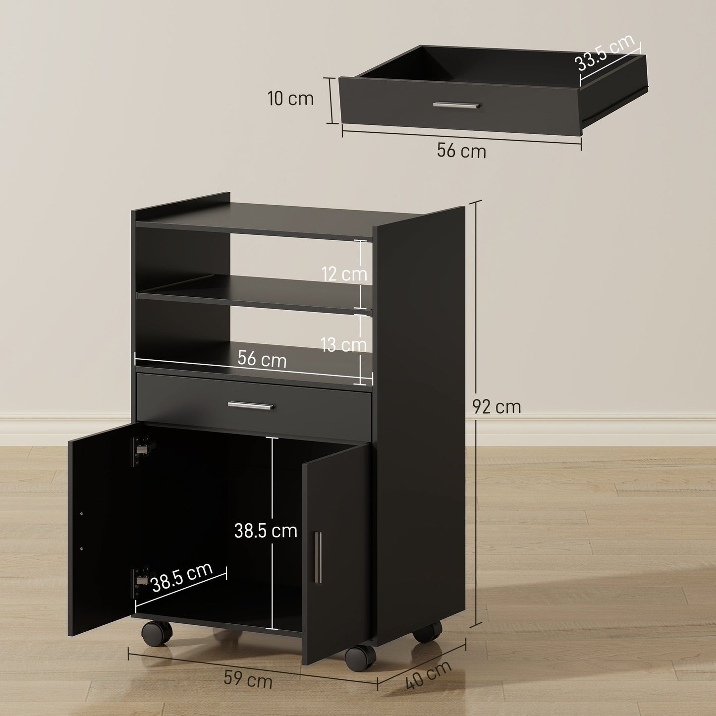 Wooden Microwave Cabinet with Drawer, 2-Door Cabinet and 2 Shelves, 59x40x92 cm, Black