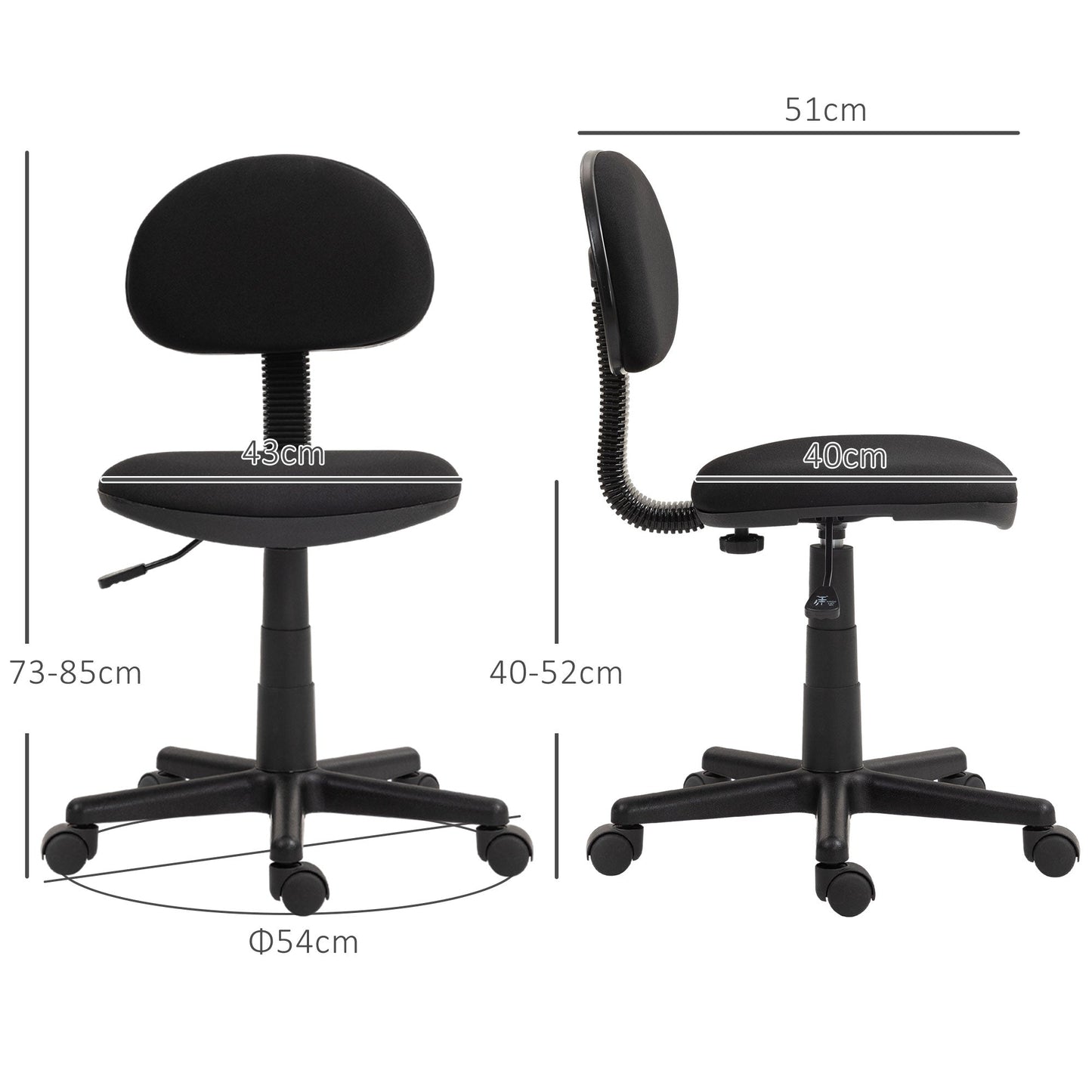 Height Adjustable Swivel Office Chair, Elastic Fabric, Sponge and Steel, 43x51x73-85 cm, Black