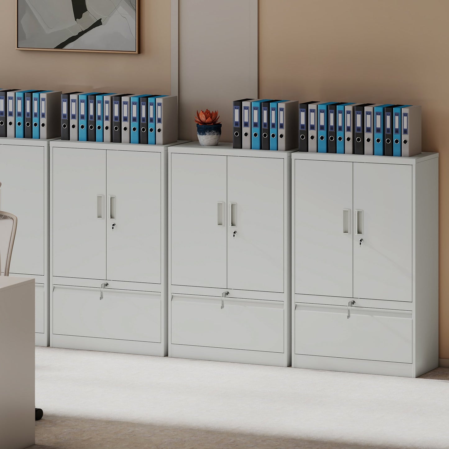 Steel Office Cabinet with Adjustable Internal Shelf and Drawer, 80x40x130 cm, White